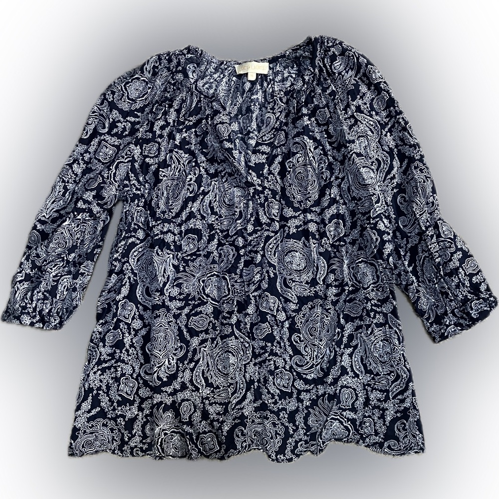 Lucy & Laurel Navy and White Paisley Tunic Rayon Blouse Size XL